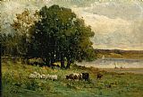 Cattle Canvas Paintings - cattle near river with sailboat in distance